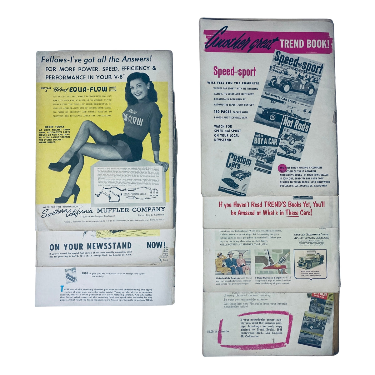 Lot of 7 Motor Trend Magazine, displaying a vintage advertisement with a woman promoting automotive performance products alongside promotional details for a trend report.