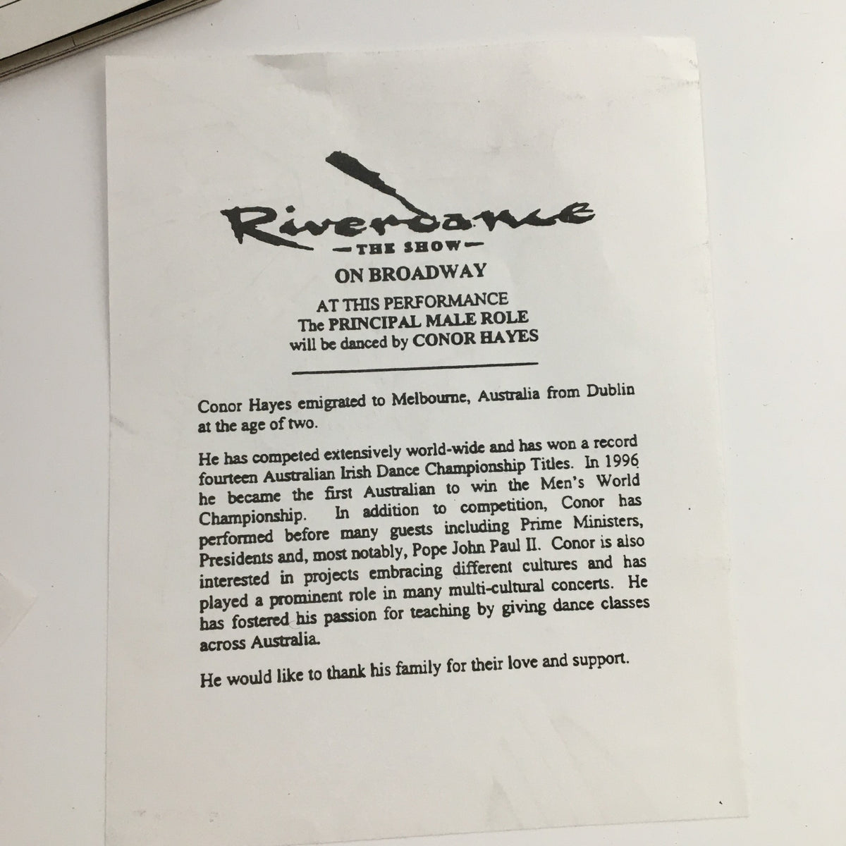 2001 Playbill Riverdance On Broadway, featuring another card with information about Conor Hayes, the principal male dancer, for the show.