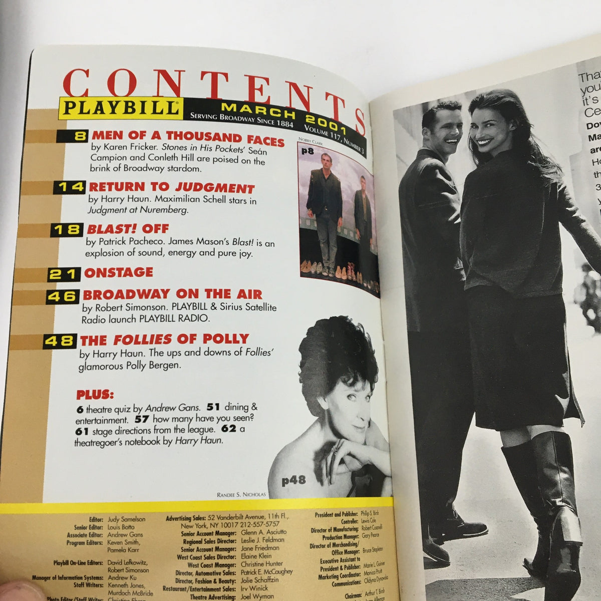 Contents page of the 2001 Playbill for Riverdance On Broadway, featuring articles and highlights from the performance.