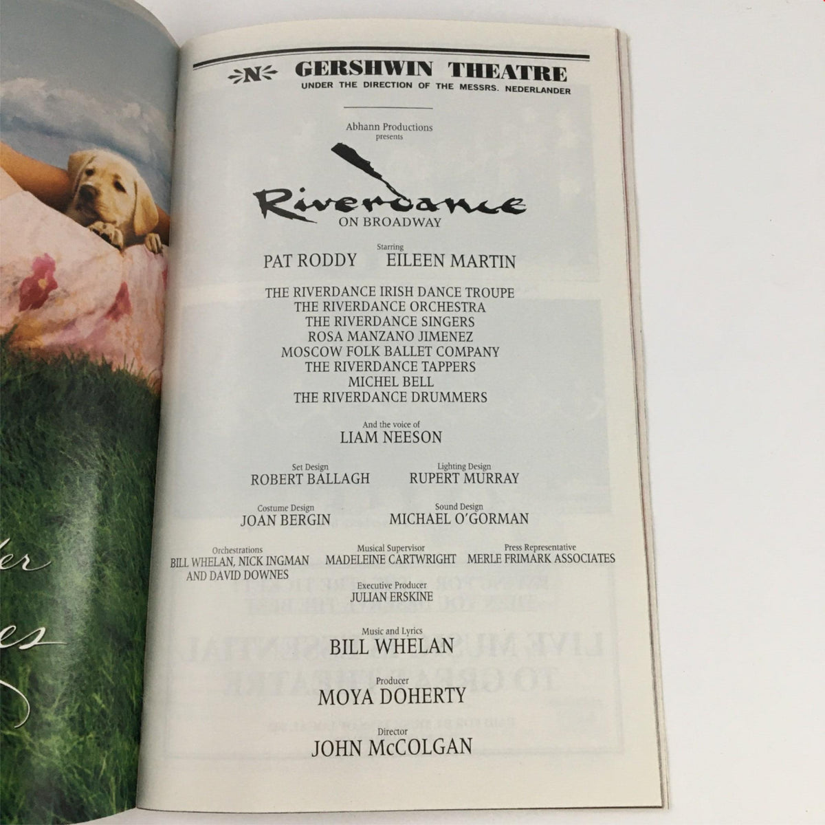 Cast and crew page of the 2001 Playbill for Riverdance On Broadway, listing key contributors and their roles.
