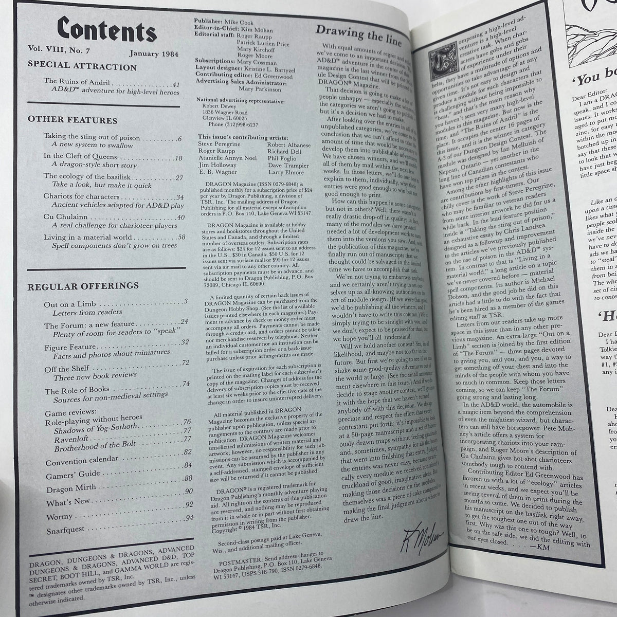 Contents page of Dragon Magazine January 1984 Issue #81, showcasing articles and features including 'The Ruins of Adril' adventure and other tabletop gaming topics.
