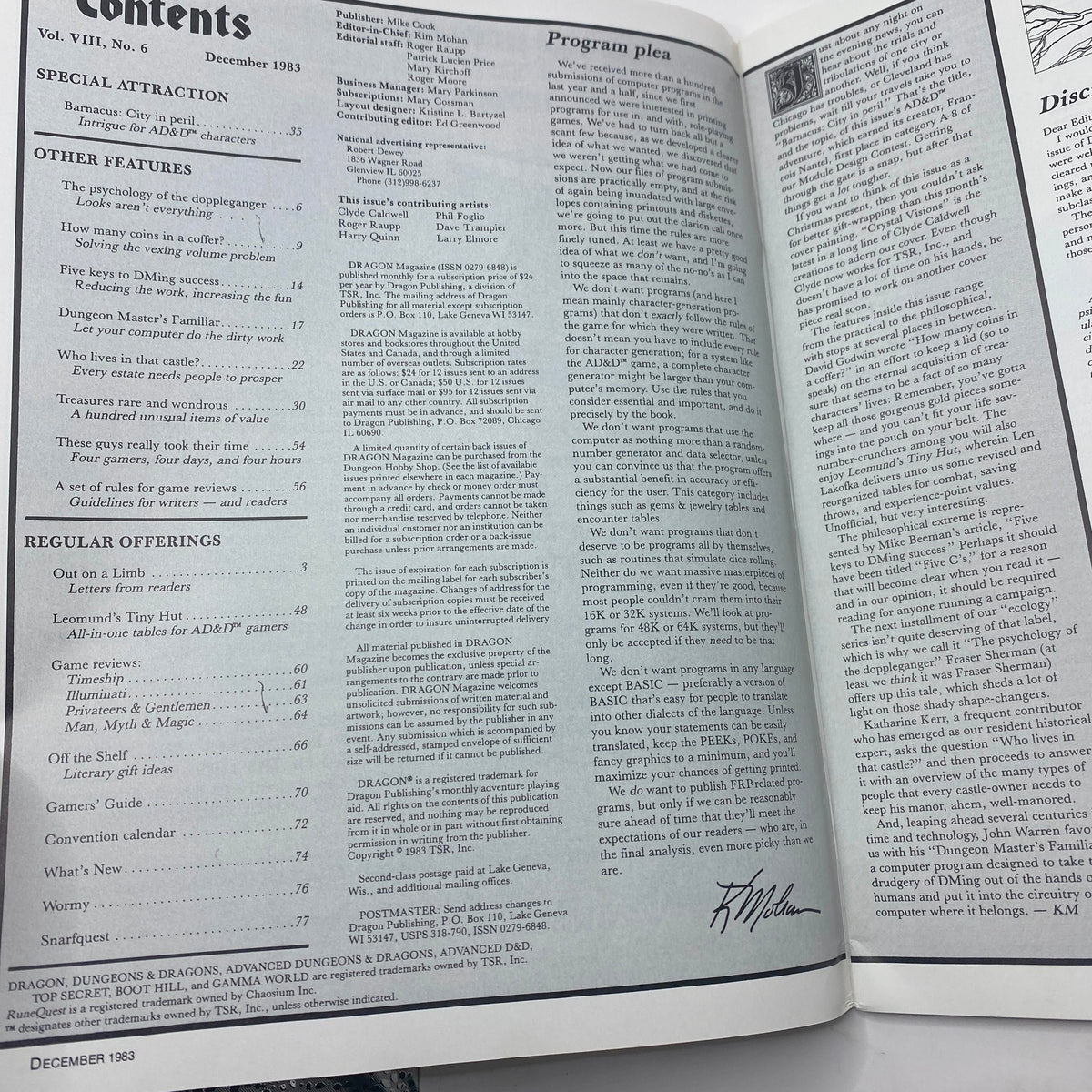 Contents page of Dragon Magazine December 1983 Issue #80 featuring articles on gameplay strategies, features, and regular offerings for Dungeons & Dragons enthusiasts.