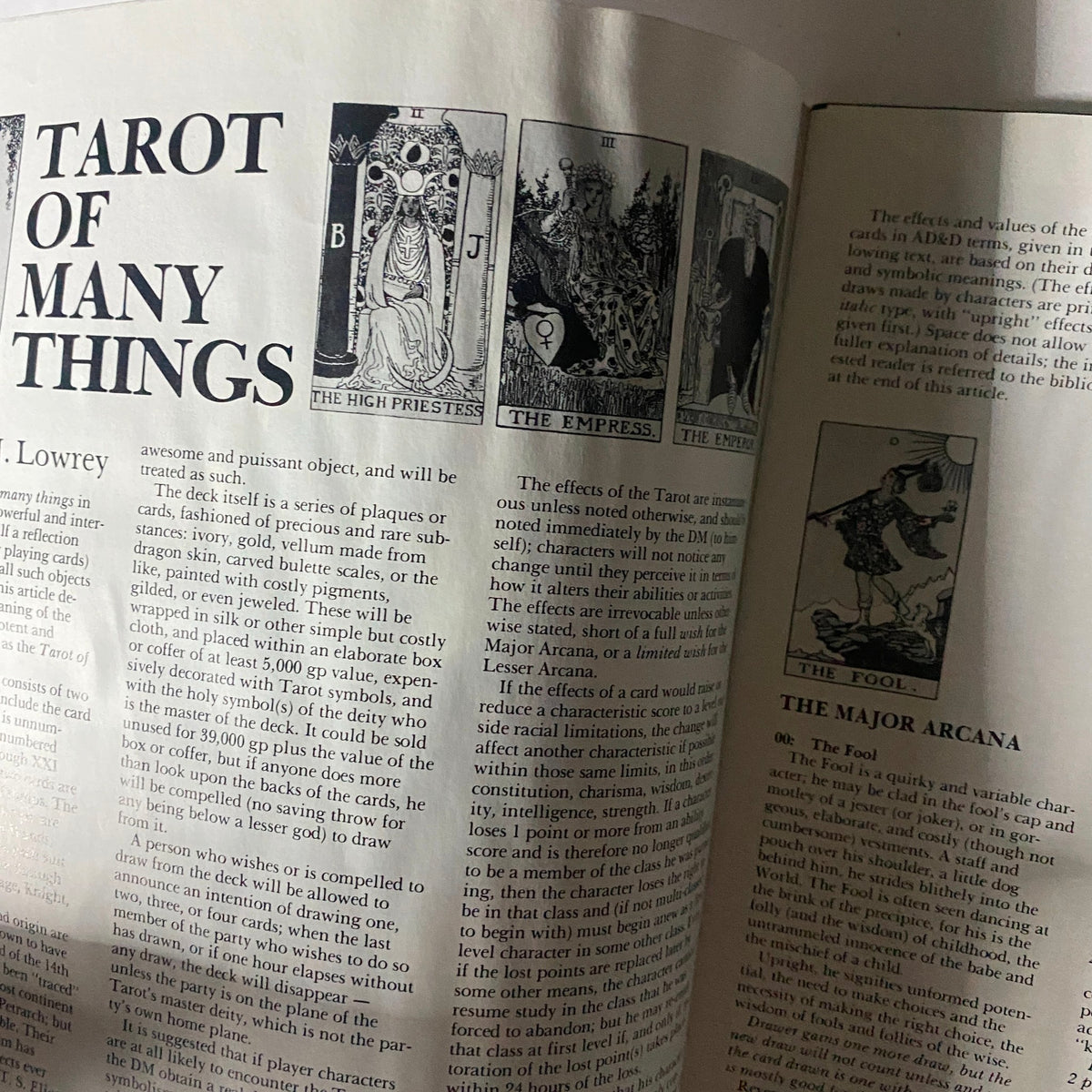 Interior page of VTG Dragon Magazine September 1983 #77 displaying an article titled 'Tarot of Many Things' with illustrations of tarot cards and detailed descriptions related to role-playing games.