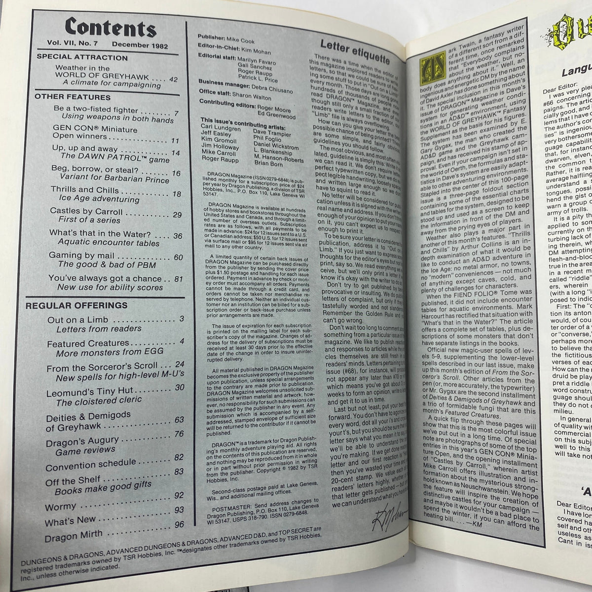 Inside contents page of VTG Dragon Magazine December 1982 #68 displaying articles and features related to Dungeons & Dragons.