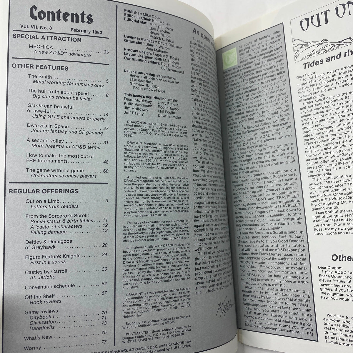 Contents page of VTG Dragon Magazine February 1983 #70 listing articles including "The Hull Truth About Speed" and other features relevant to tabletop gaming.