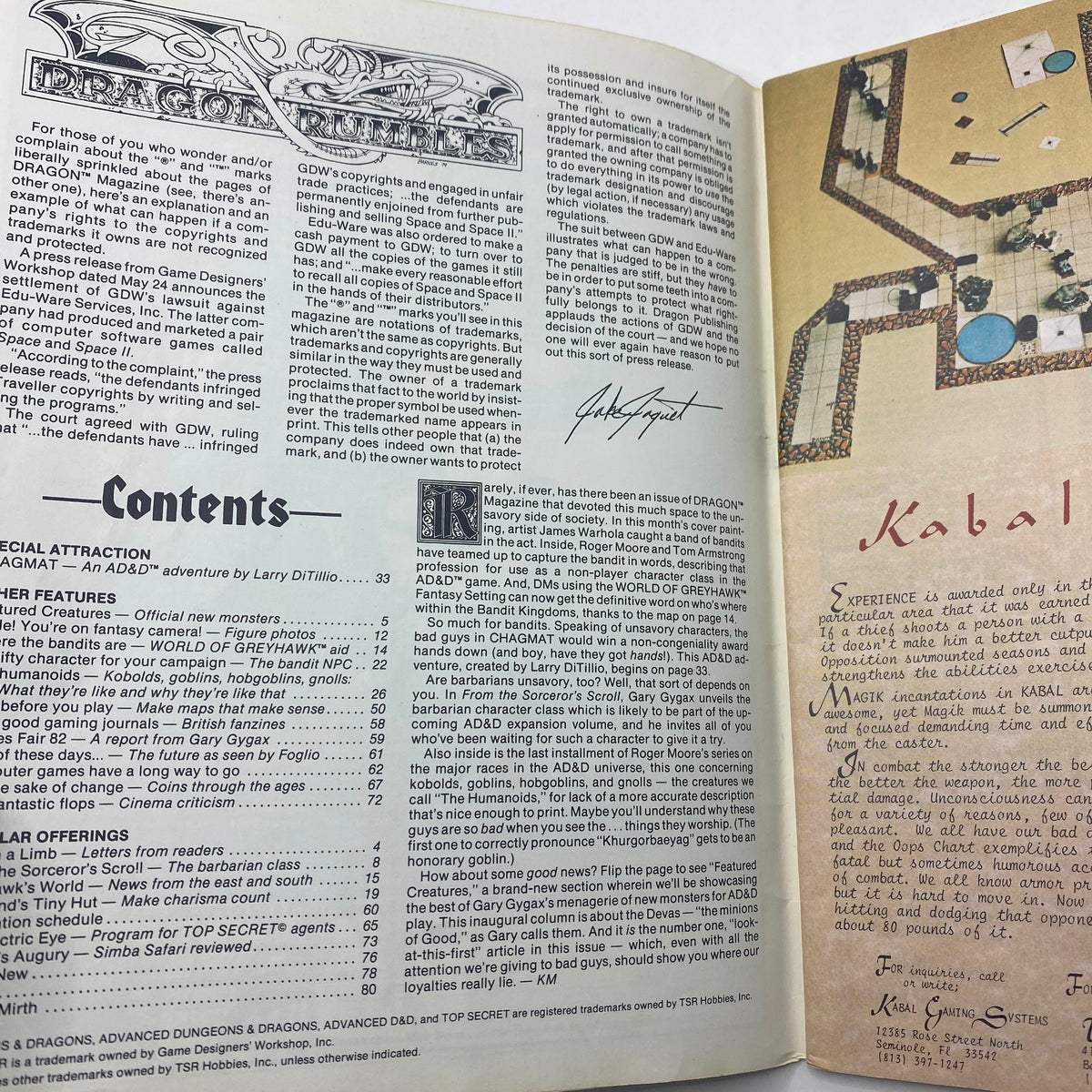 Interior pages of VTG Dragon Magazine July 1982 #63 featuring contents and articles on Bandit NPCs and official monsters for role-playing games.