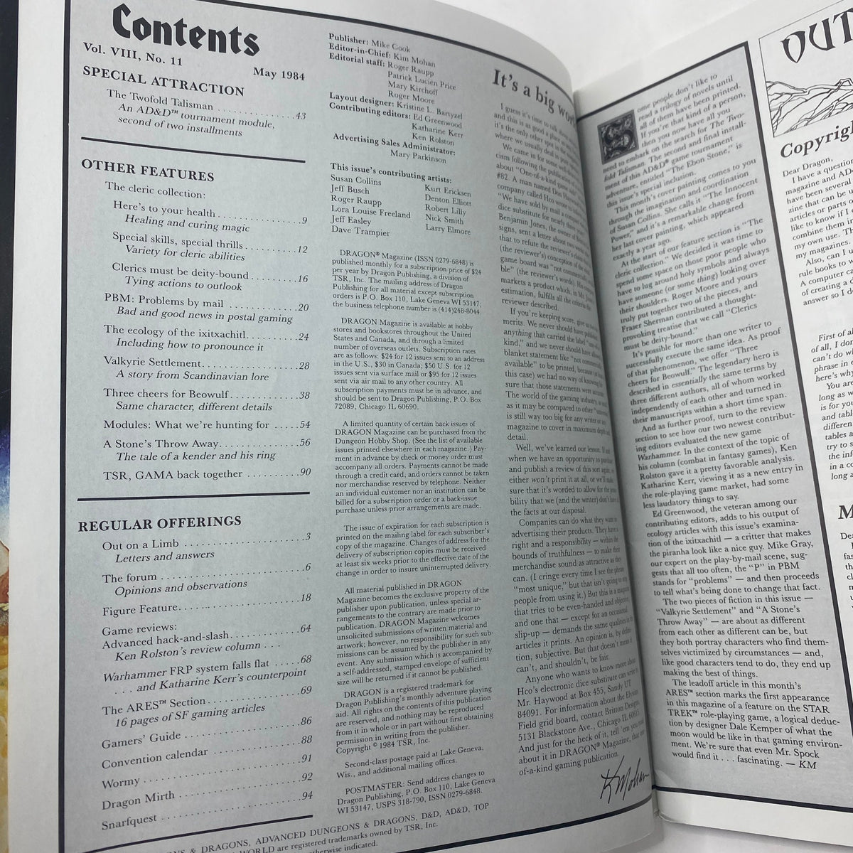 Contents page of VTG Dragon Magazine May 1984 #85, showcasing articles including 'The Twofold Talisman' and various role-playing game features.
