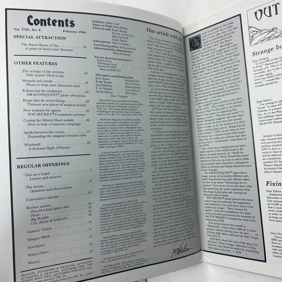 Interior content page of VTG Dragon Magazine February 1984 #82 detailing articles and features, including a special attraction on The Baton Races of Yaz, in a classic magazine layout.