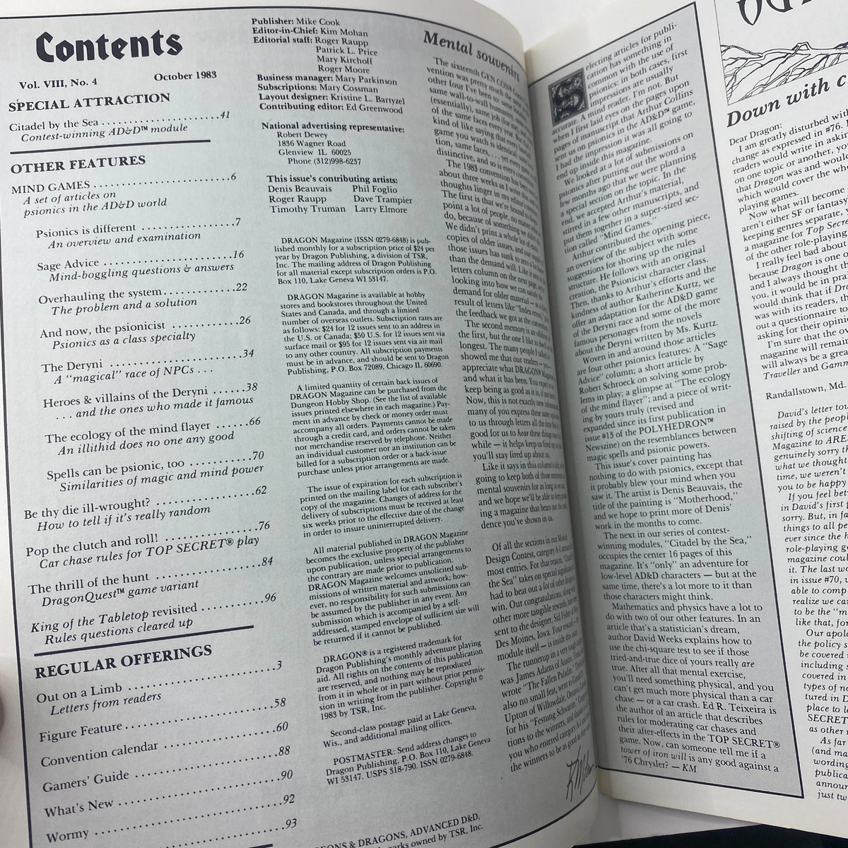 Contents page of VTG Dragon Magazine October 1983, Issue #78, showcasing articles related to AD&D, including 'Mind Games' and 'Psionics'.