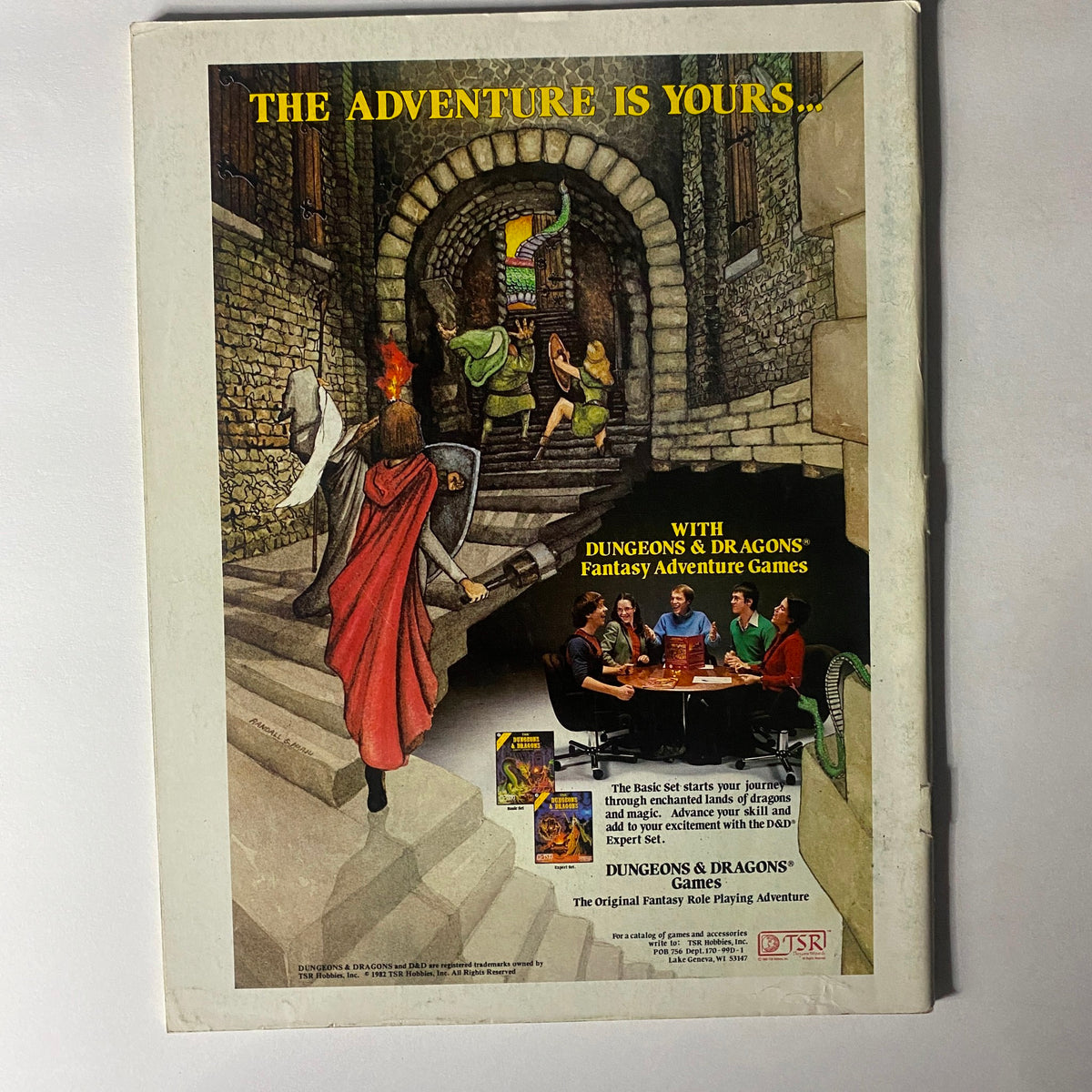Back cover of VTG Dragon Magazine July 1982 #63 featuring an advertisement for Dungeons & Dragons fantasy adventure games, illustrating a captivating gaming scene.