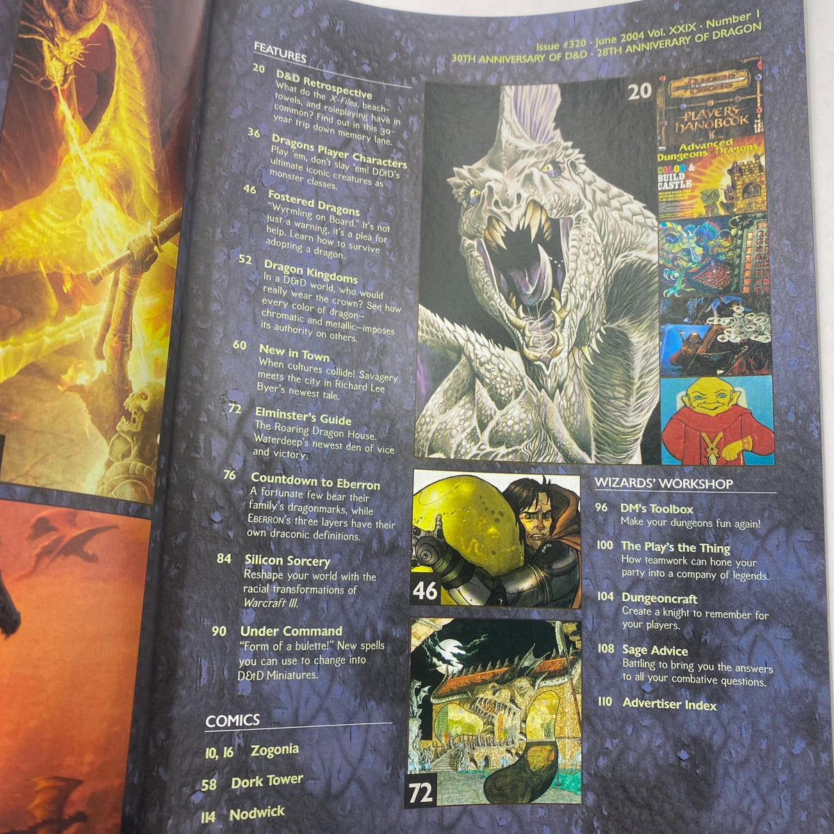 A spread from Dragon Magazine June 2004 #320 showcasing features like 'Dragon Kingdoms' and 'Wizard's Workshop', highlighting its gaming-related content.