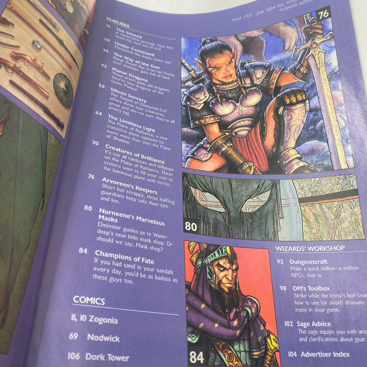 Detailed pages from Dragon Magazine July 2004 #321, showcasing features and articles related to tabletop role-playing games, including character designs and illustrations.
