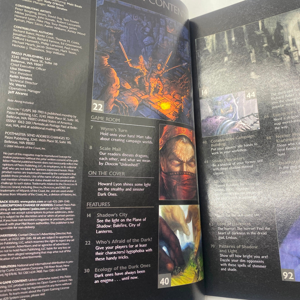 Interior page layout from Dragon Magazine August 2004 #322 featuring game room section and artwork related to the Lord of Darkness, showcasing gameplay tips and features.