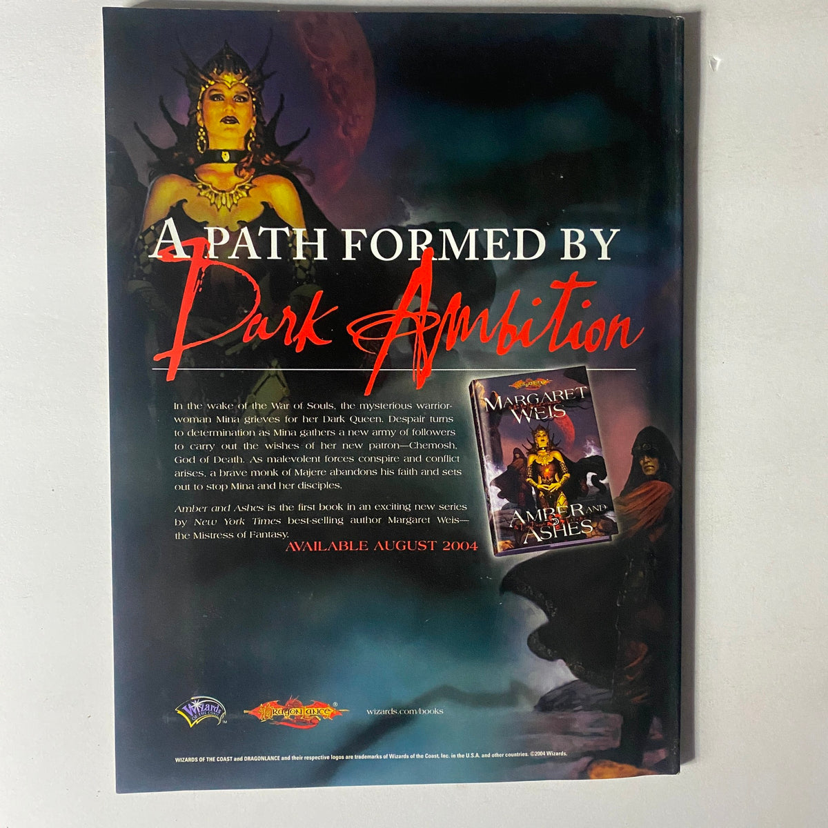 Promotional page from Dragon Magazine August 2004 #322 advertising 'A Path Formed by Dark Ambition' with illustrations relating to fantasy role-playing.