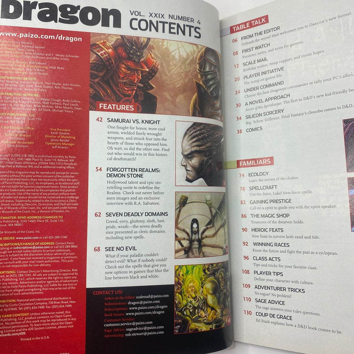 Contents page of Dragon Magazine September 2004 #323, showcasing articles and features related to fantasy and role-playing games.
