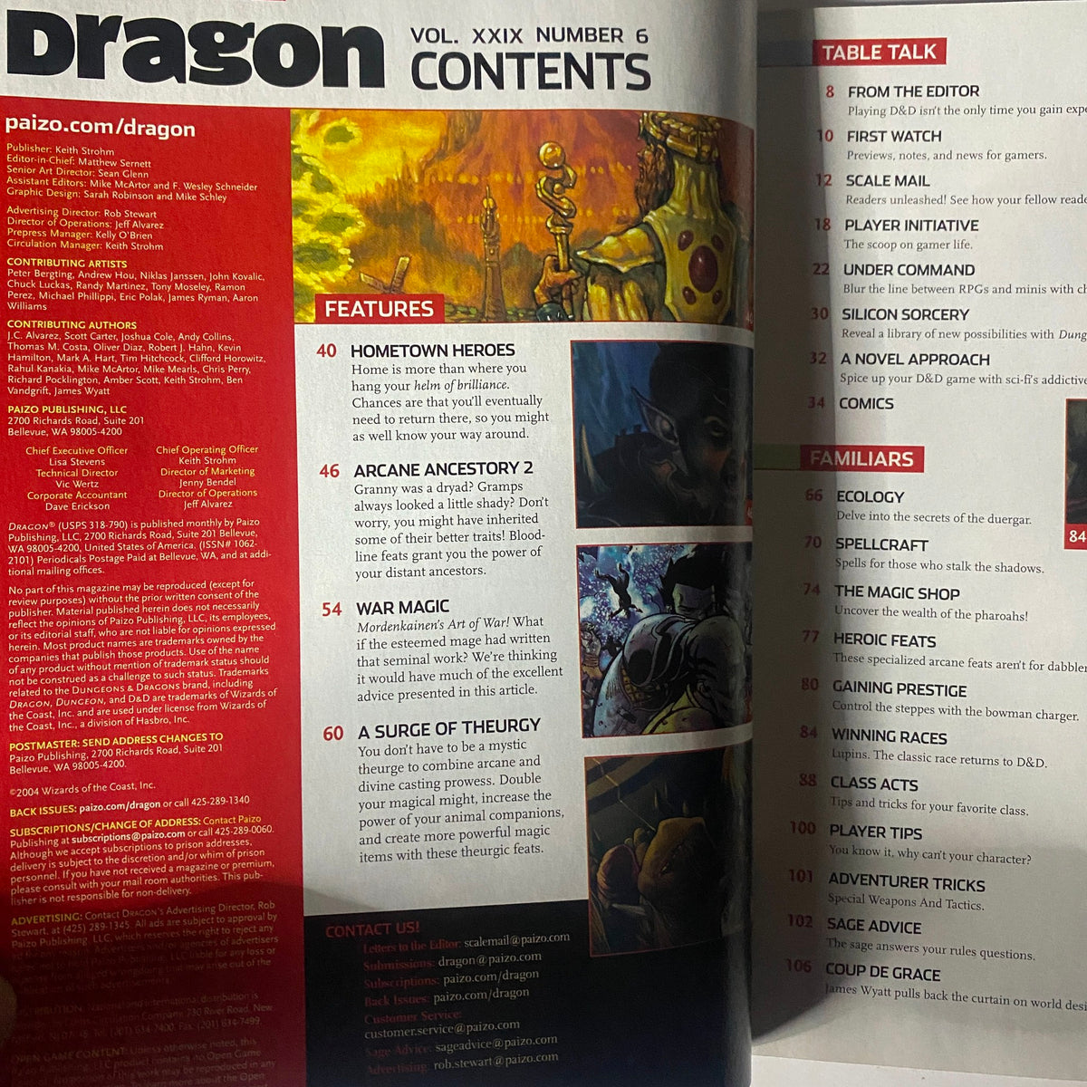 Contents page of Dragon Magazine November 2004 #325, showcasing featured articles on various gaming topics including 'Hometown Heroes', 'Arcane Ancestor 2', and 'War Magic', ideal for RPG fans.