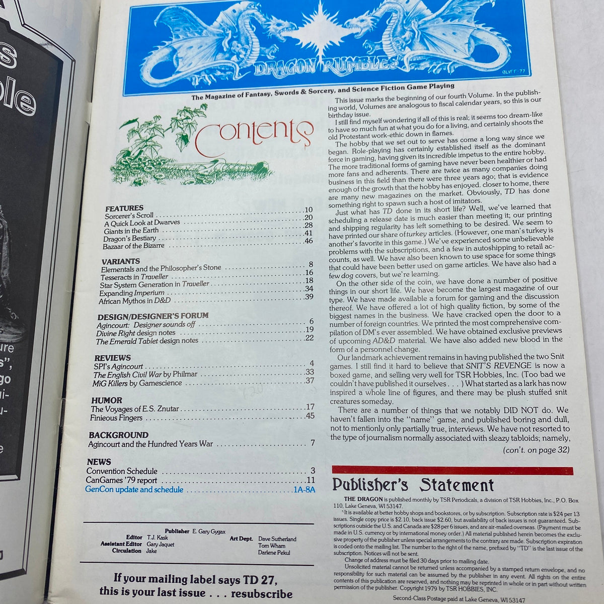 Contents page of VTG The Dragon Magazine July 1979 #27 'The Ruin of French Chivalry', featuring articles and sections on fantasy and role-playing games.