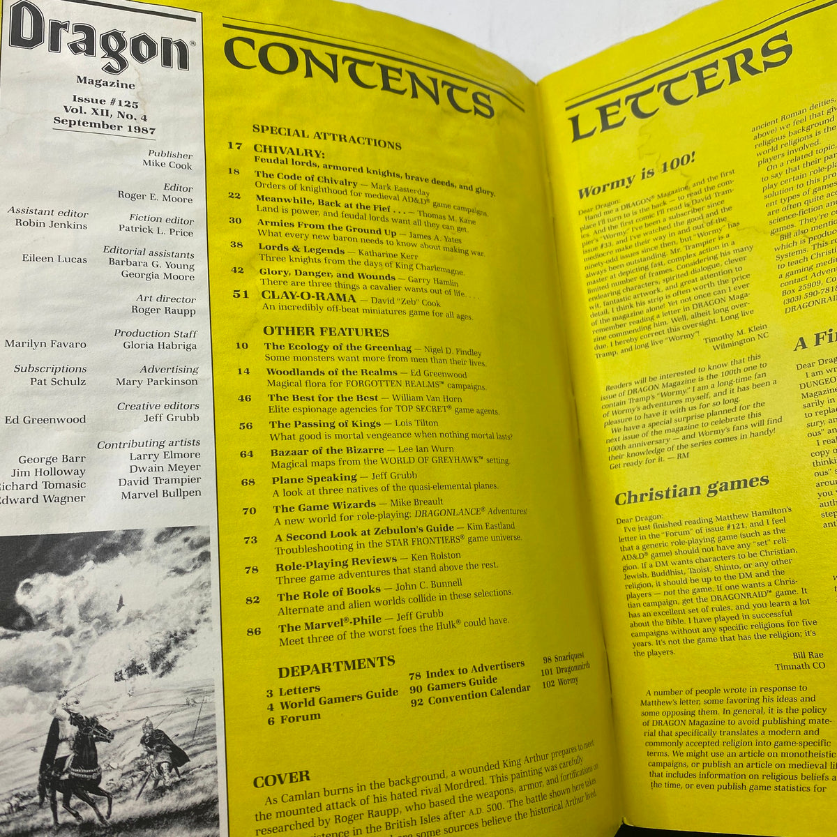 Contents page of VTG Dragon Magazine September 1987 #125 displaying the table of contents and section highlights, demonstrating the magazine's comprehensive guide to tabletop gaming.