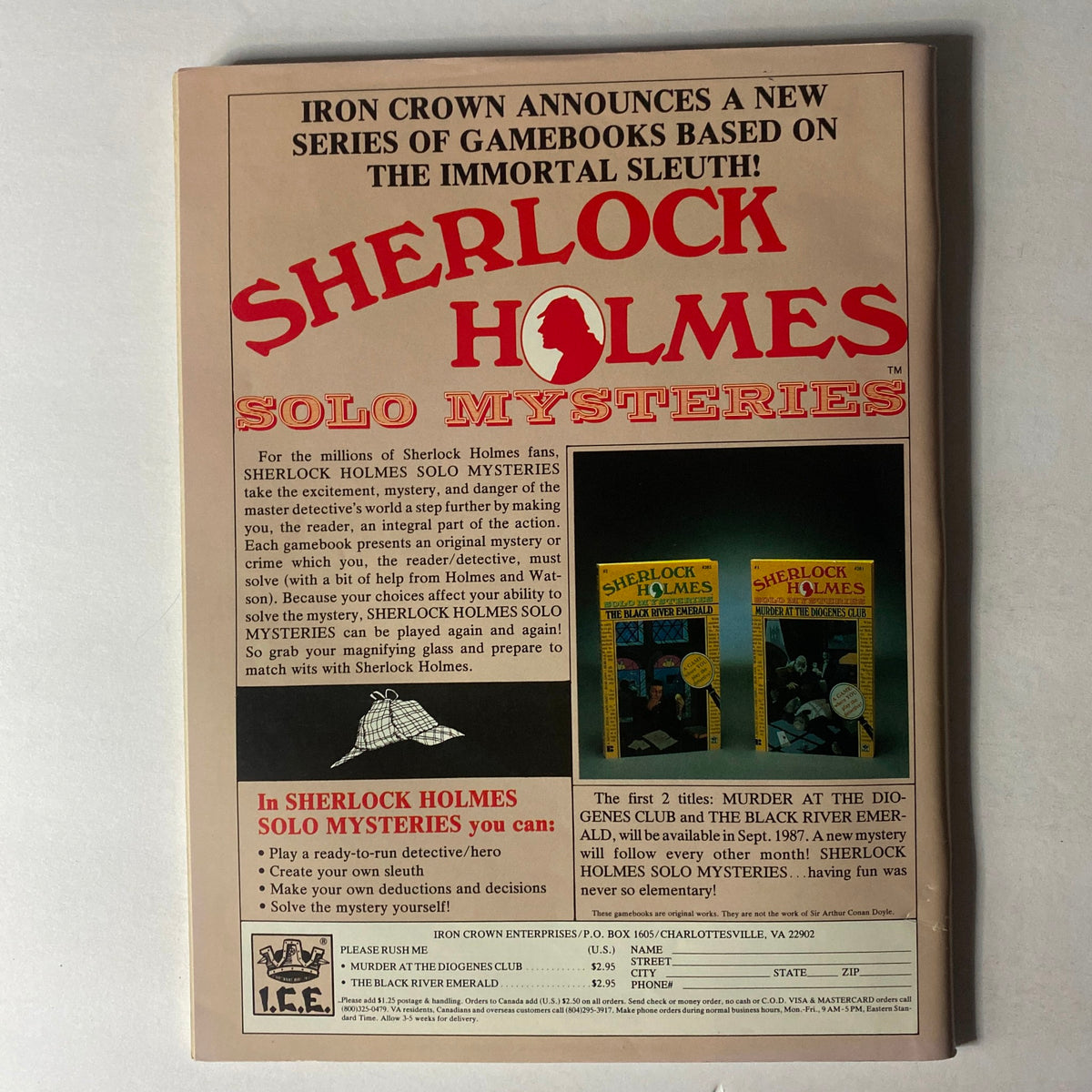 Back cover advertisement of VTG Dragon Magazine July 1987 Issue #123 promoting 'Sherlock Holmes Solo Mysteries' gamebooks.