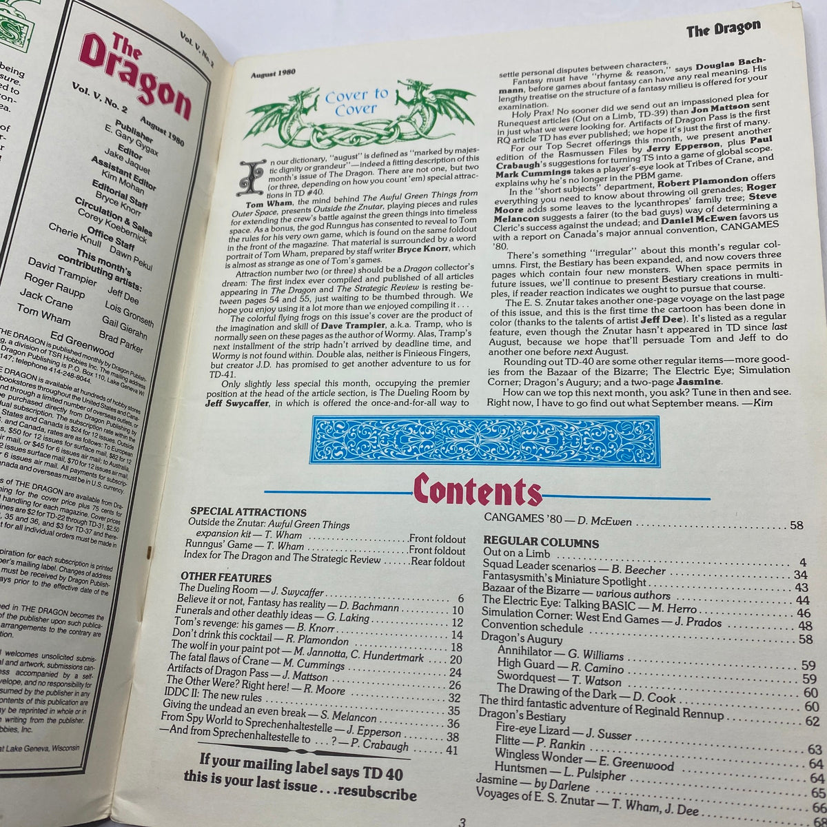 Interior page of VTG Dragon Magazine August 1980 #40, featuring articles and contents, showcasing the cover design and vintage style.