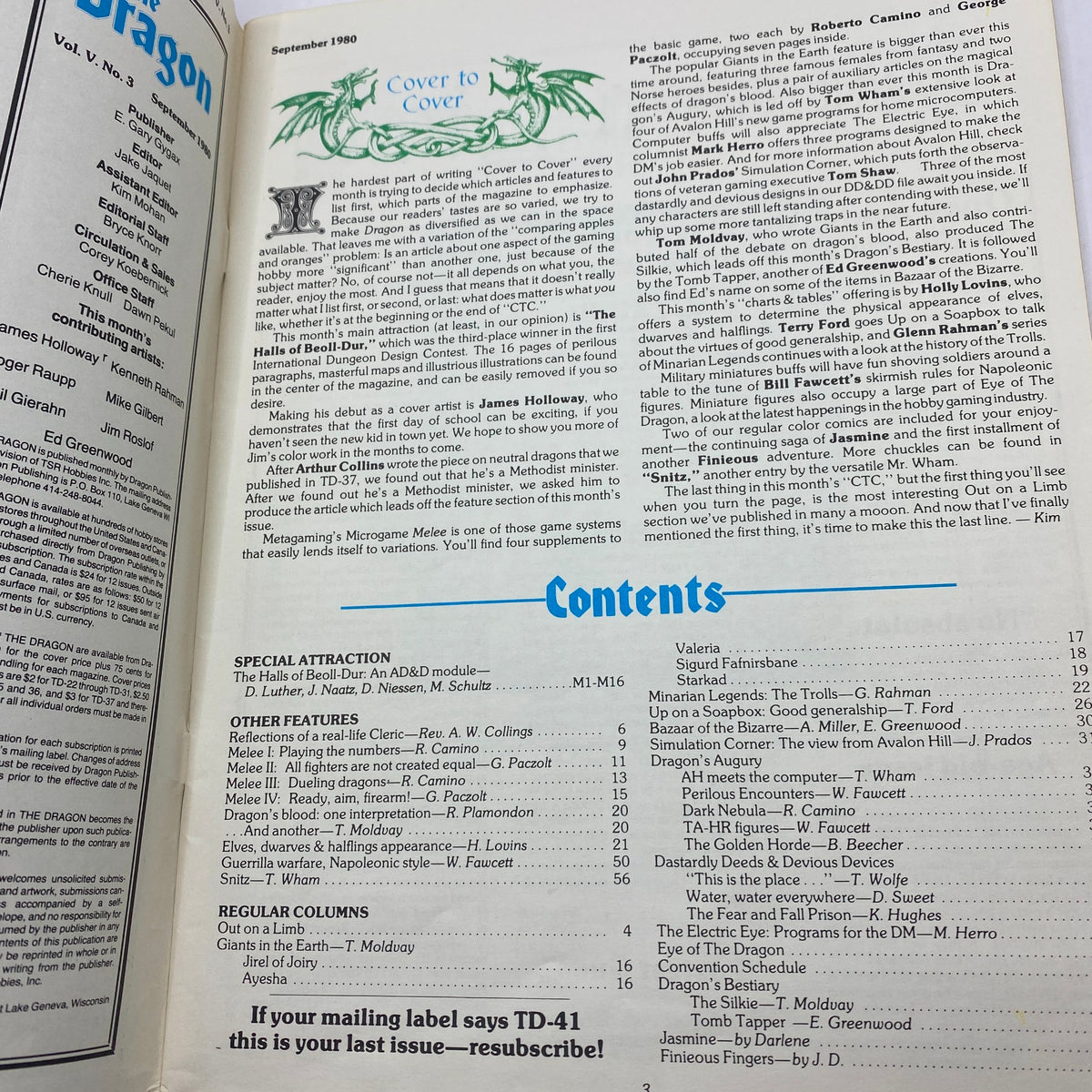 Interior page of VTG The Dragon Magazine September 1980 #41 displaying the contents section. The page includes articles on role-playing gaming, including 'The Halls of Beoll-Dur' and other features.