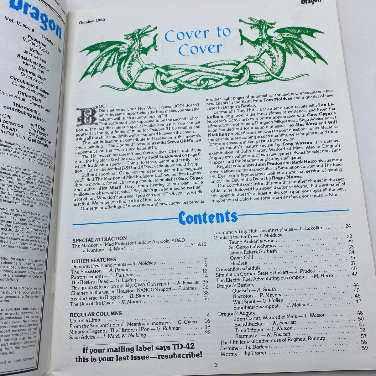 Inside cover of VTG The Dragon Magazine October 1980 #42 featuring various article titles and a decorative dragon graphic.