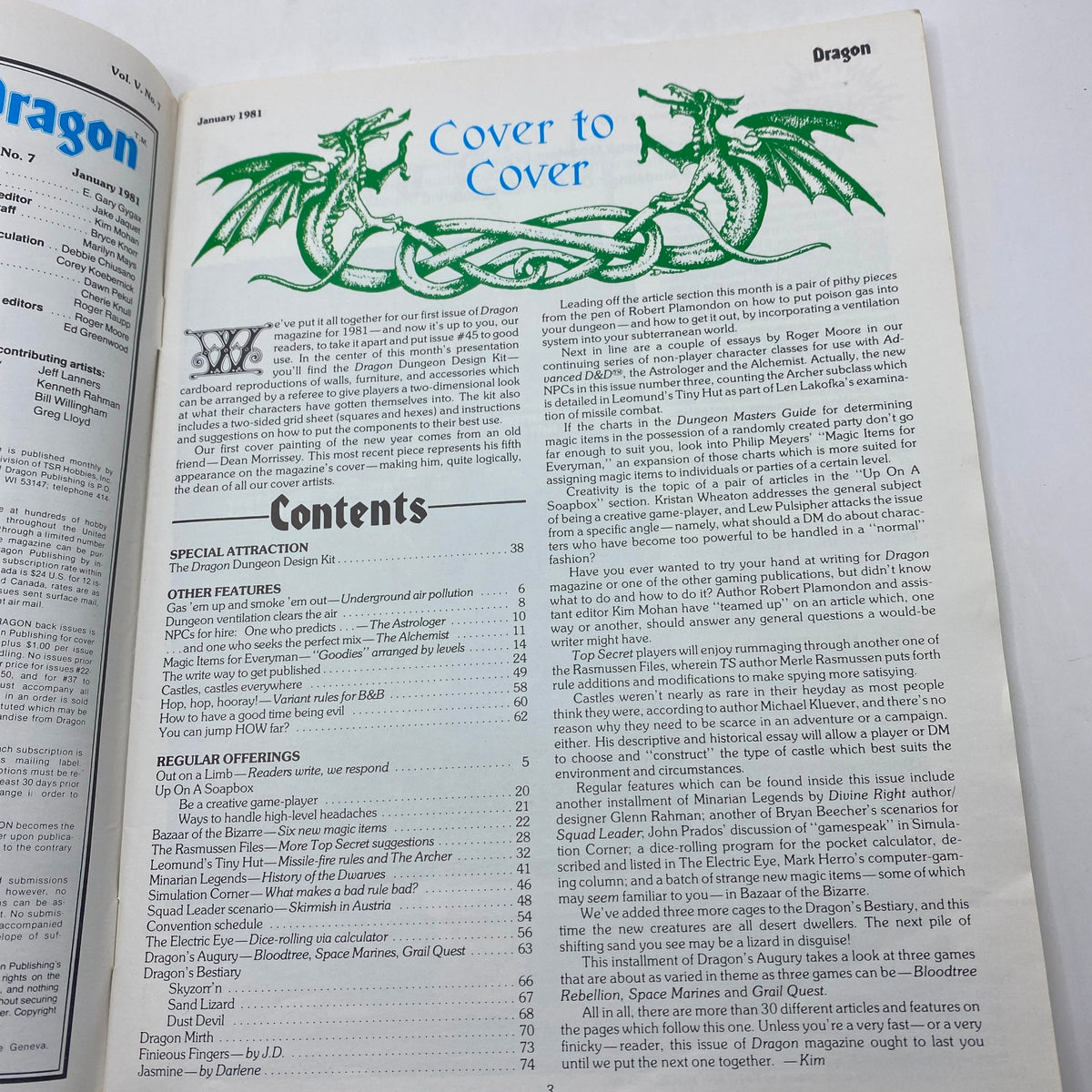 Interior page of VTG The Dragon Magazine January 1981 #45 displaying the contents section, embellished with green dragon artwork. It outlines various gaming articles including the special attraction 'The Dragon Dungeon Design Kit'.