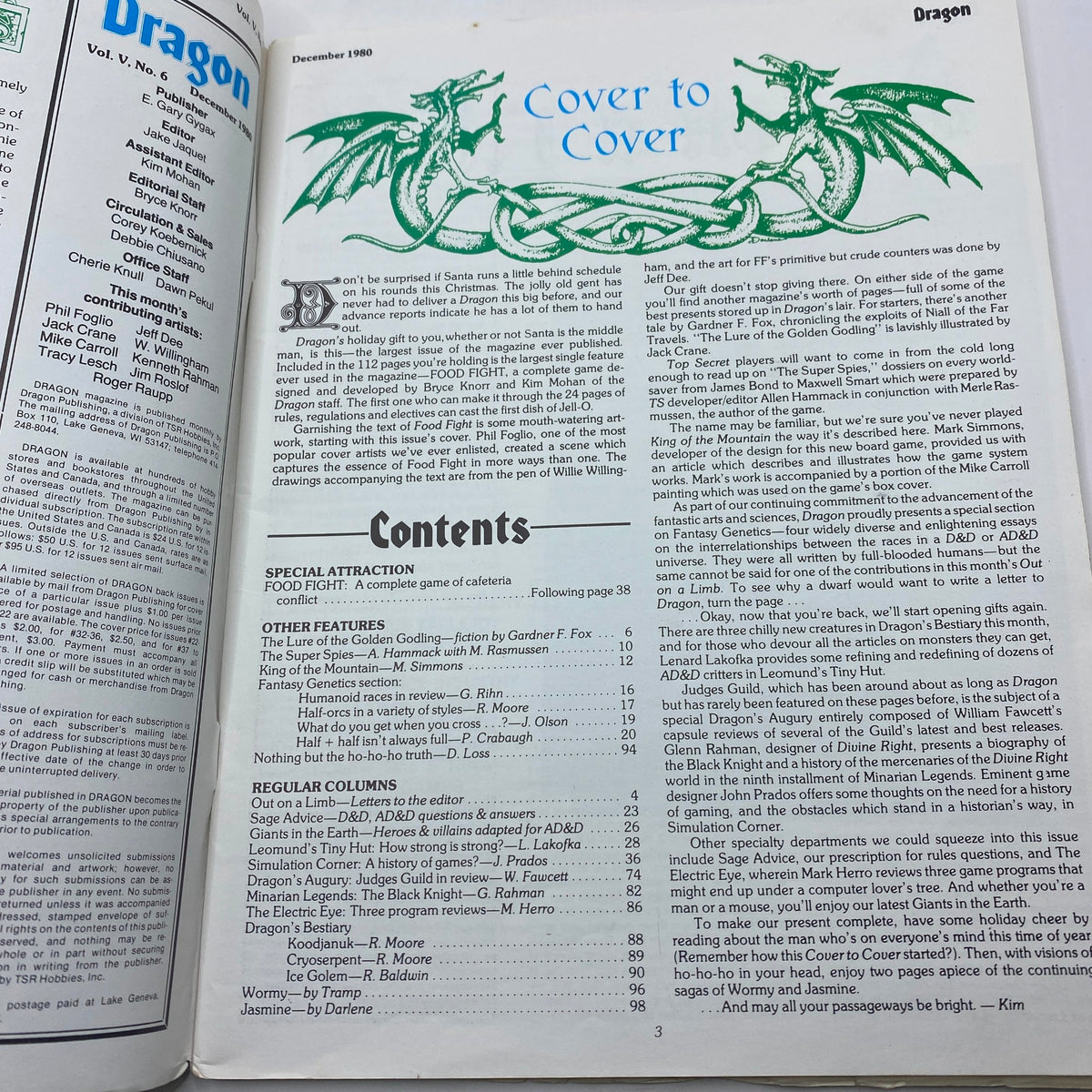 Inside page of VTG The Dragon Magazine December 1980 #44, showcasing the table of contents with features like 'The Lure of the Golden Godling' and various articles related to tabletop gaming.