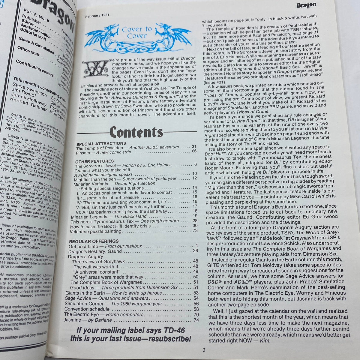Inside page of VTG The Dragon Magazine February 1981 #46 displaying the table of contents, highlighting special attractions and features relevant to role-playing games.