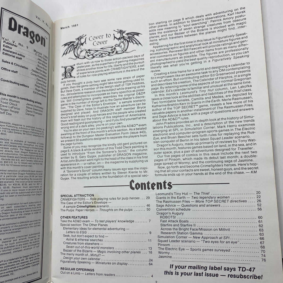 Inner page of VTG The Dragon Magazine March 1981 #47 showcasing the contents section and editorial details, relevant to tabletop gaming enthusiasts.