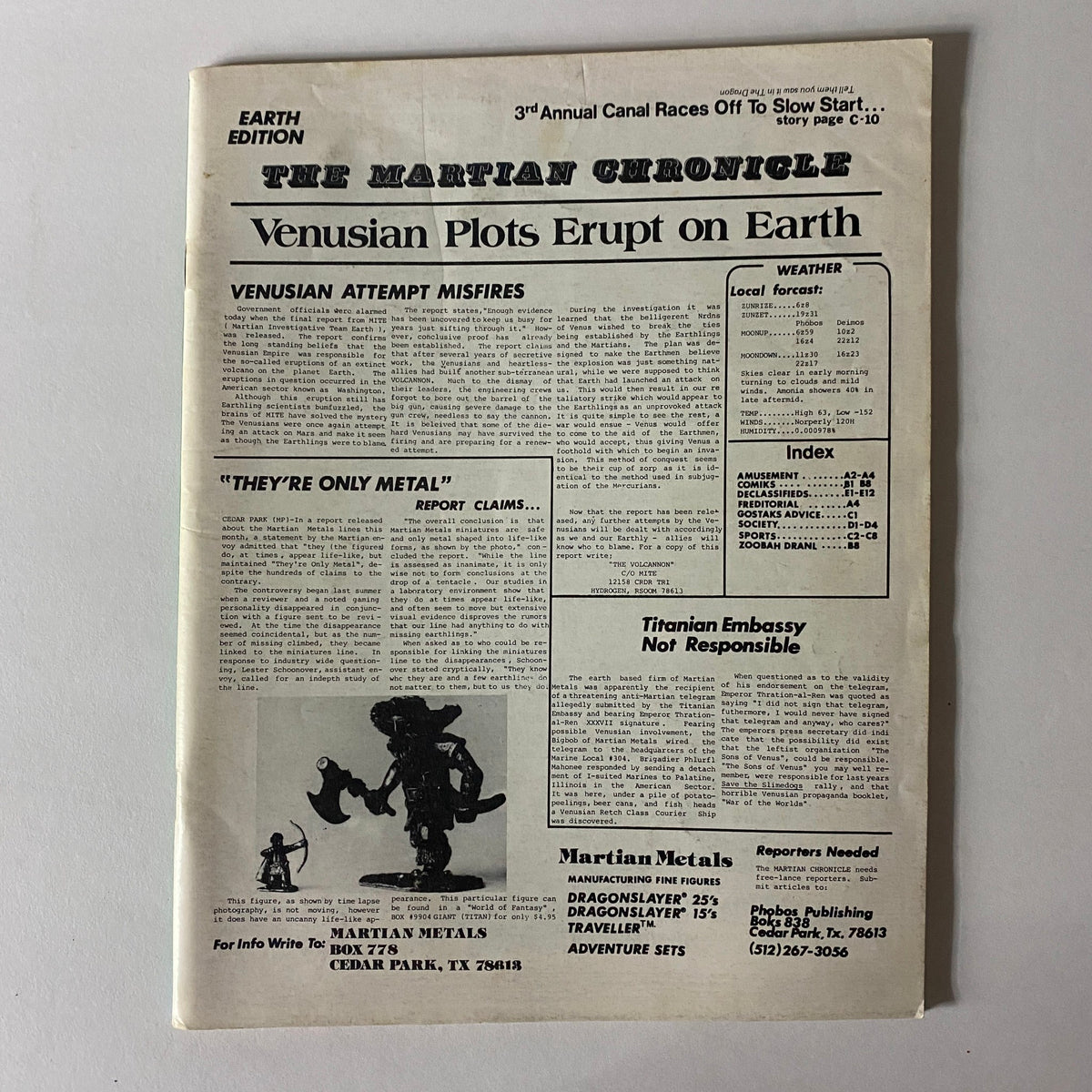 Advertisement page in VTG The Dragon Magazine March 1981 #47 titled 'The Martian Chronicle', featuring mock news headlines related to science fiction and gaming.
