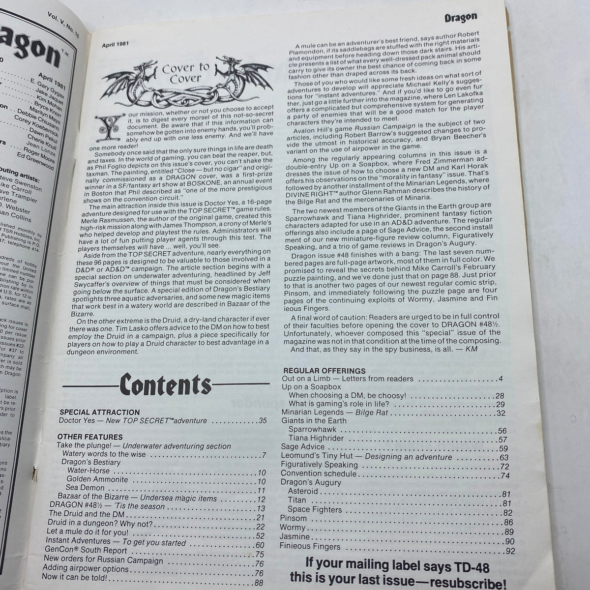 Interior page of VTG The Dragon Magazine April 1981 #48, displaying contents and features of the issue, highlighting adventure and role-playing game content.