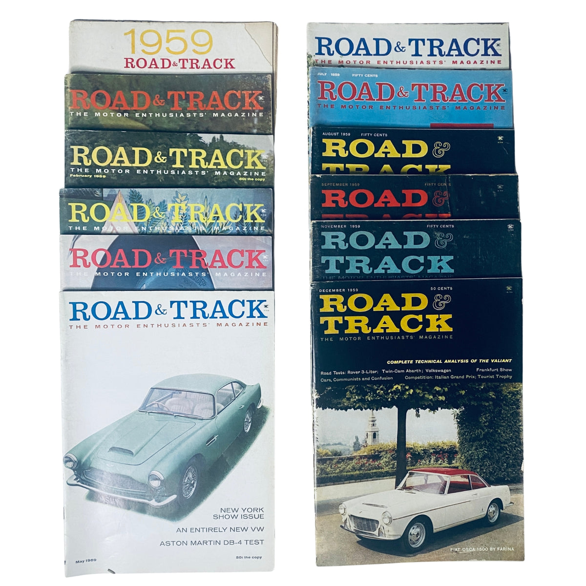 Lot of 11 Road & Track Magazine issues from 1959, showcasing covers from January to September and November to December, featuring vintage automobiles and automotive content.