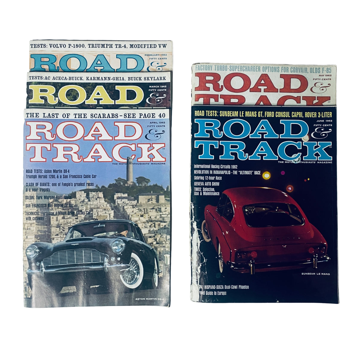 Lot of 5 Road & Track The Motor Enthusiasts' Magazine featuring vintage car covers including a Triumph TR4 and modified VW from February to June 1962, showcasing period automotive designs and features.