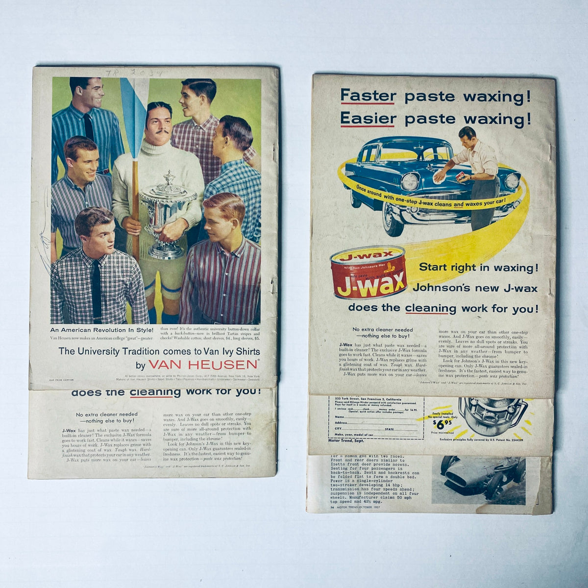Collection of vintage automotive advertisements from Motor Trend Magazines highlighting car care products from the 1950s.