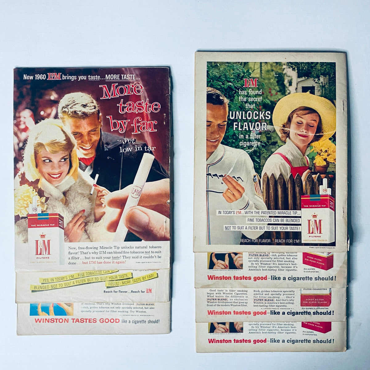 Vintage tobacco advertisements alongside a collection of Motor Trend Magazine covers offering insights into 1960s automotive culture.