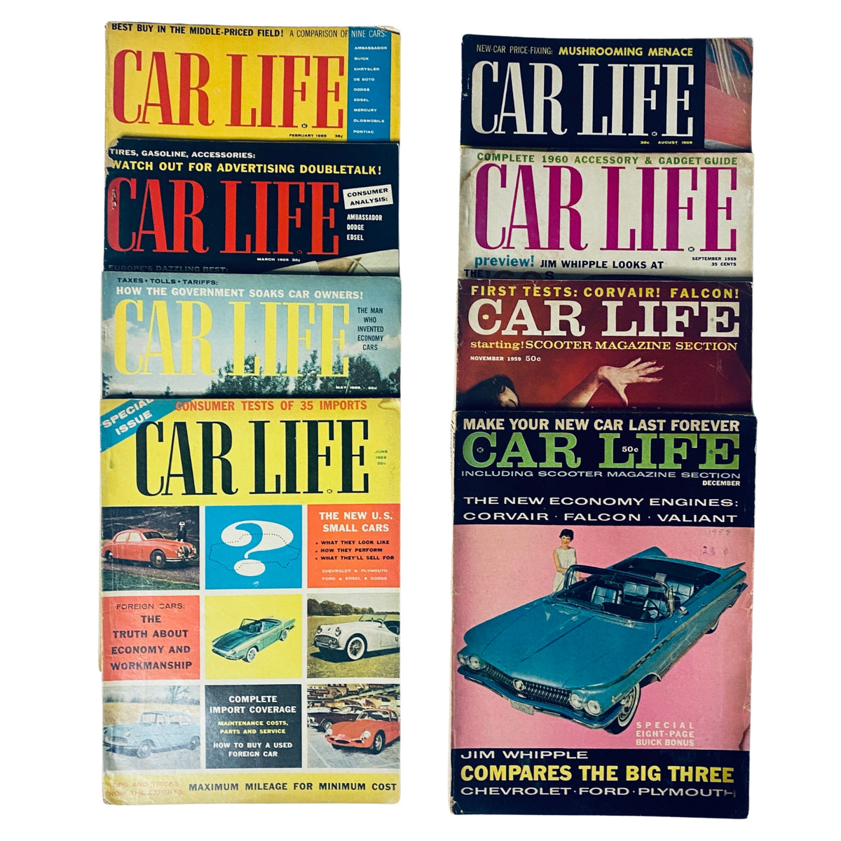 Lot of 8 Car Life Magazine issues from 1959 including covers featuring automotive content and family-oriented articles, showcasing editions from February, March, May, June, September, November, and December.