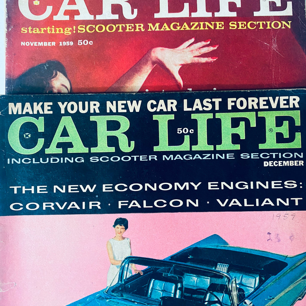 Lot of 8 Car Life Magazine covers for November 1959 and December 1959, featuring designs that highlight the new economy engines.