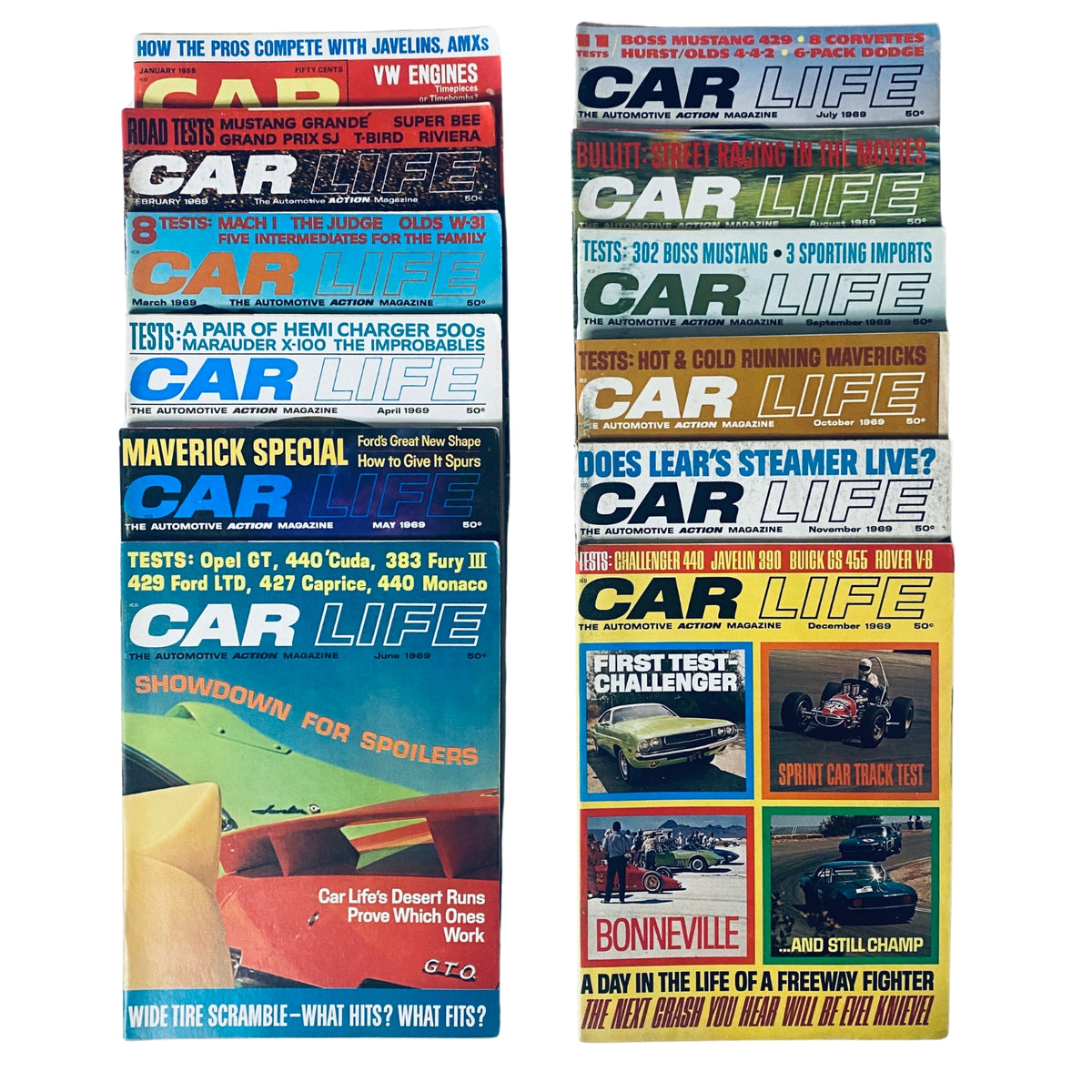 Cover images of the Lot of 12 Car Life Automotive Action Magazine 1969 Full Year January - December showcasing various automotive features, tests, and road challenges.