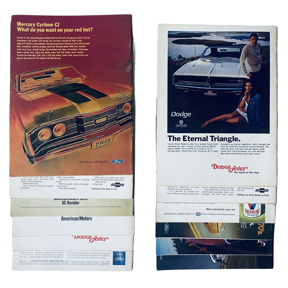 A visual display of vintage advertisements from the 1969 publication of Car Life Automotive Action Magazine, featuring a Mercury Cyclone CJ and Dodge vehicle promotion. This image showcases various ad pages, highlighting automotive designs and marketing strategies of the era, relevant to the Lot of 12 Car Life Automotive Action Magazine 1969 Full Year January - December collection.