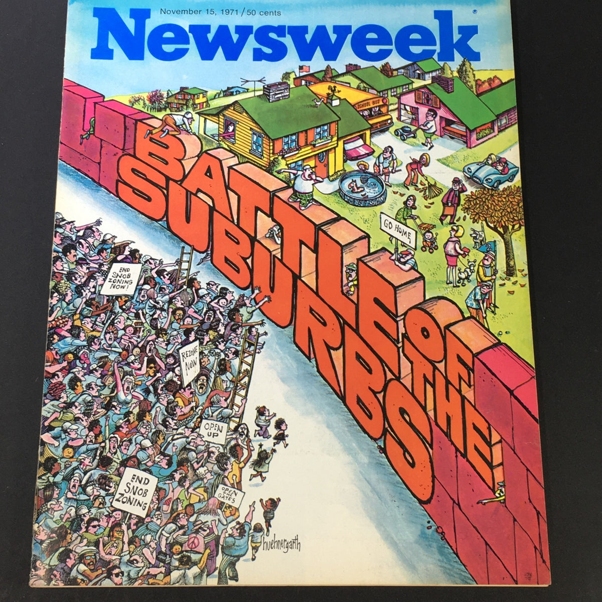 VTG Newsweek Magazine November 15, 1971 cover featuring the theme 'Battle of the Suburbs' with a colorful illustration of suburban life and protestors.