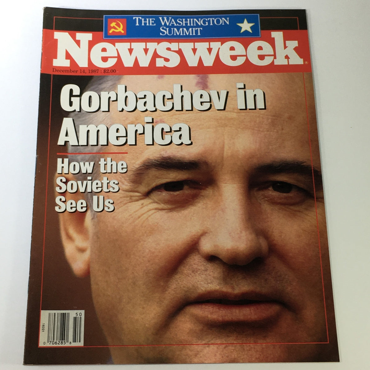 Vintage Newsweek Magazine cover from December 14, 1987 featuring Mikhail Gorbachev in America, highlighting the Cold War dynamics and offering insights on how the Soviets perceive the United States.