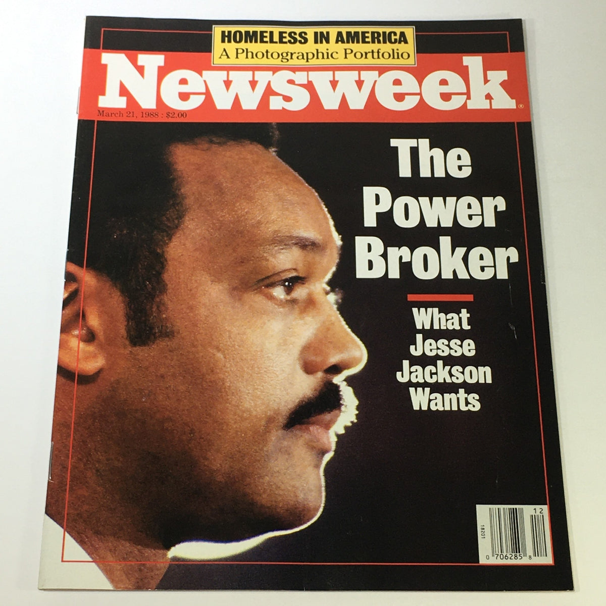 Cover of VTG Newsweek Magazine March 21 1988 featuring Jesse Jackson with the title 'The Power Broker' and subtitle 'What Jesse Jackson Wants'. The magazine includes a photographic portfolio on homelessness in America.