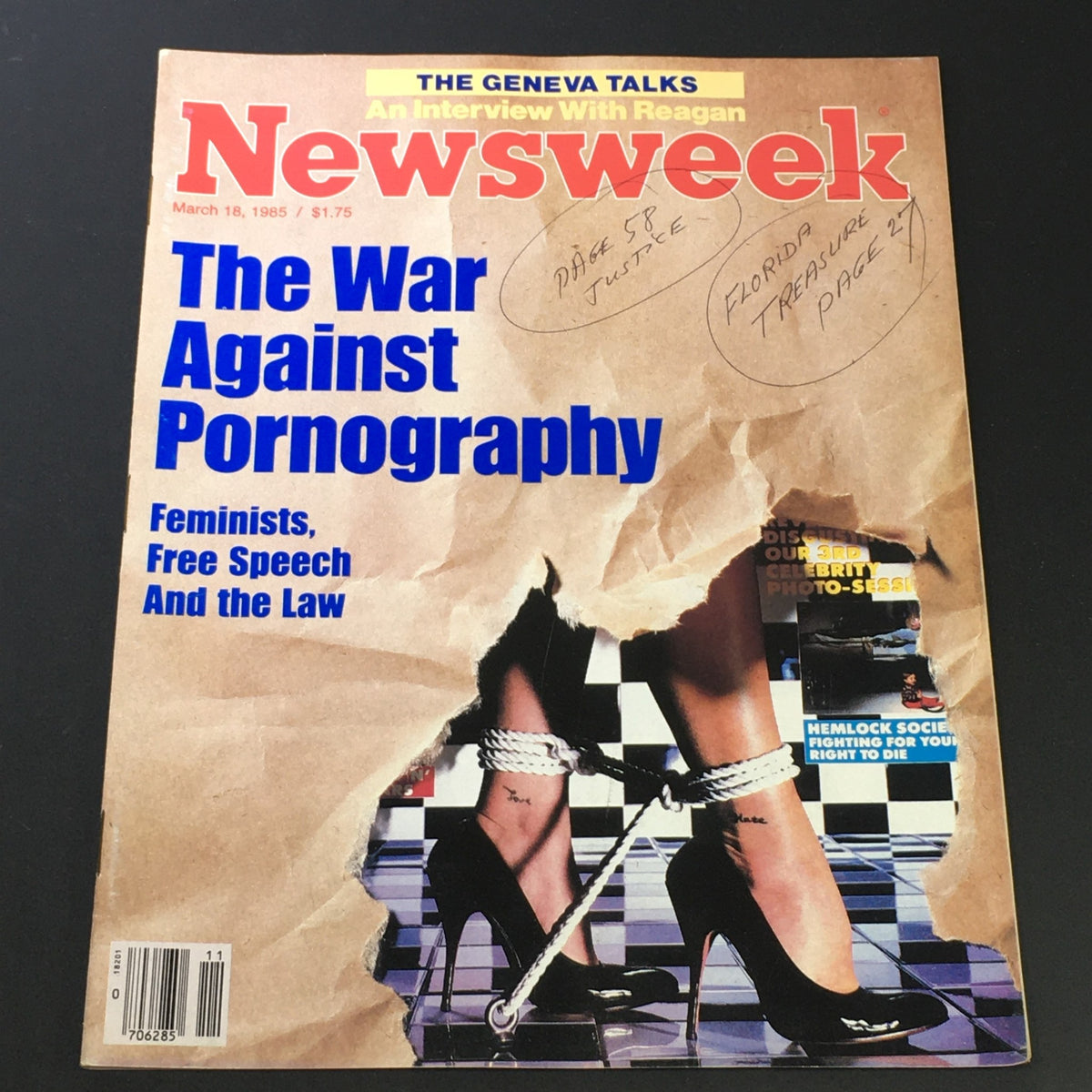 Cover of VTG Newsweek Magazine March 18 1985 featuring an interview with Ronald Reagan and discussing feminist issues, prominently displaying the headline 'The War Against Pornography' with artistic imagery.