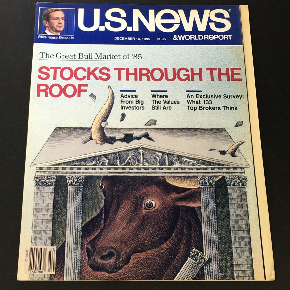 Cover of the VTG US News & World Report Magazine dated December 16, 1985, featuring the title 'The Great Bull Market of 1985'. The cover artwork depicts a bull breaking through a roof, symbolizing market growth. Includes headlines about stock market advice and surveys from top brokers.