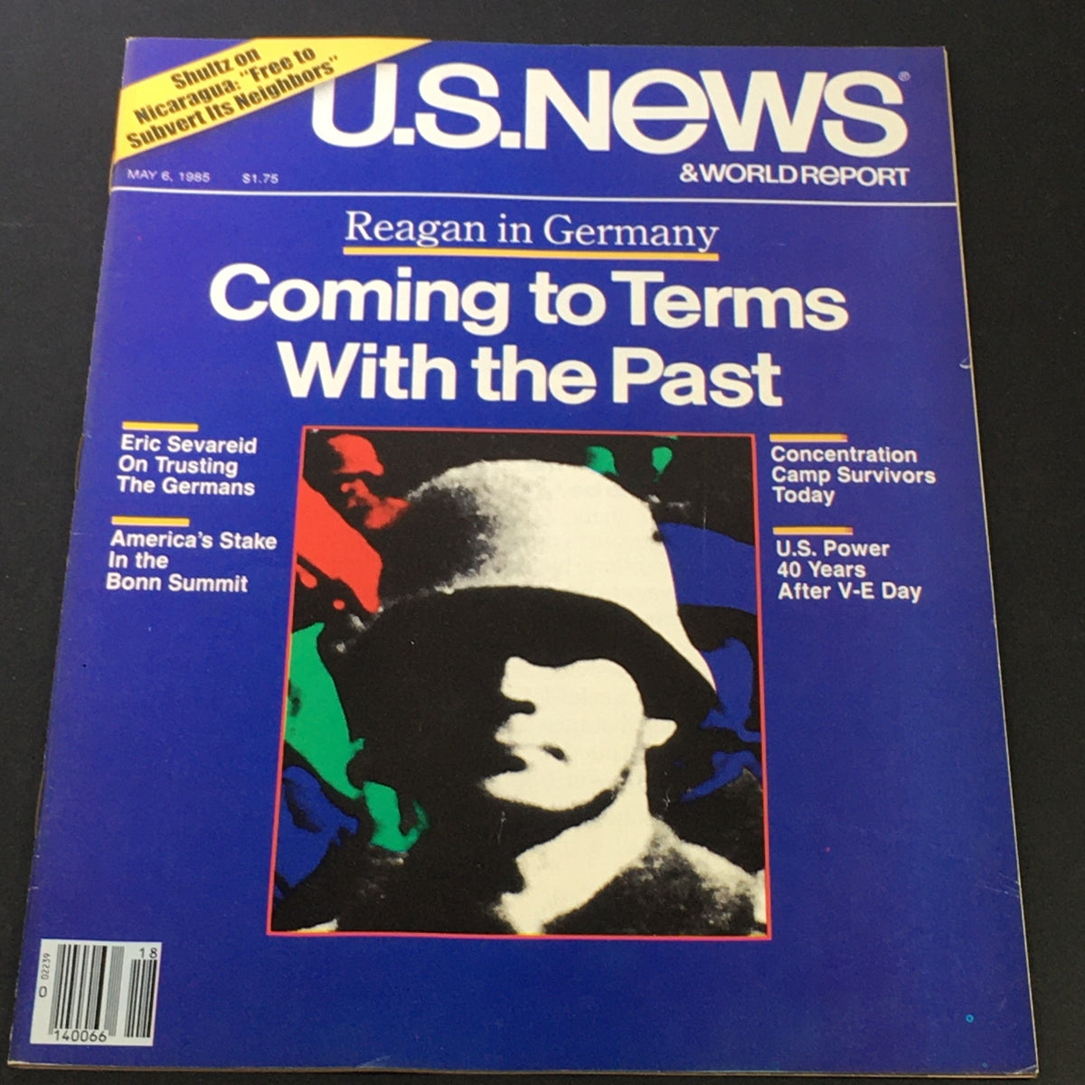 Cover of VTG US News & World Report dated May 6, 1985, featuring Ronald Reagan in Germany with the headline 'Coming to Terms With the Past.' The magazine showcases topics like Eric Sevareid's views on trusting Germans, America's role in the Bonn Summit, and reflections on concentration camp survivors.