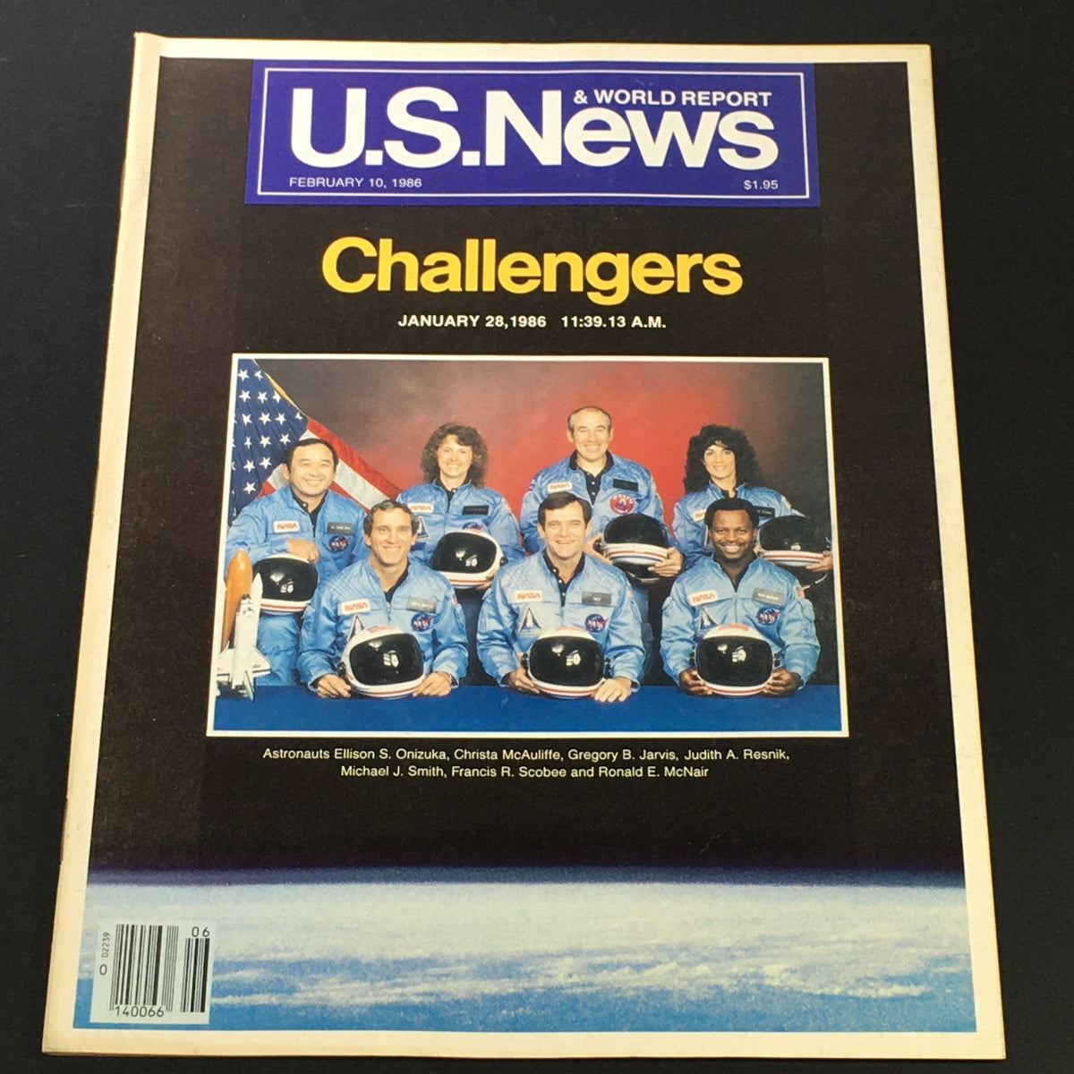 Cover of US News & World Report February 10, 1986 featuring the title 'Challengers' with a photo of astronauts in blue suits, commemorating the January 28, 1986 Challenger space shuttle disaster.