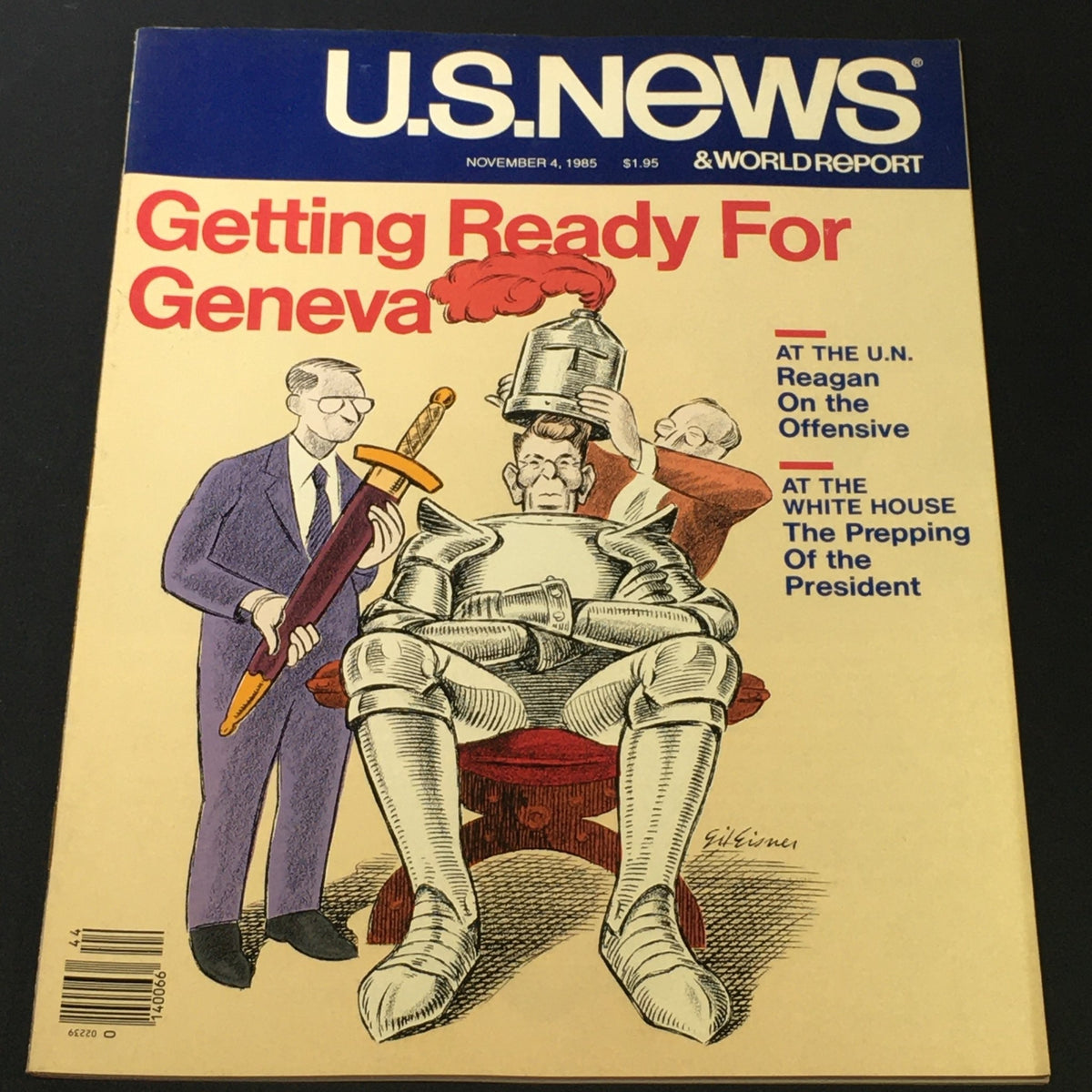 Vintage U.S. News & World Report cover from November 4, 1985, featuring an illustration related to Ronald Reagan and the upcoming Geneva negotiations, titled 'Getting Ready For Geneva.'