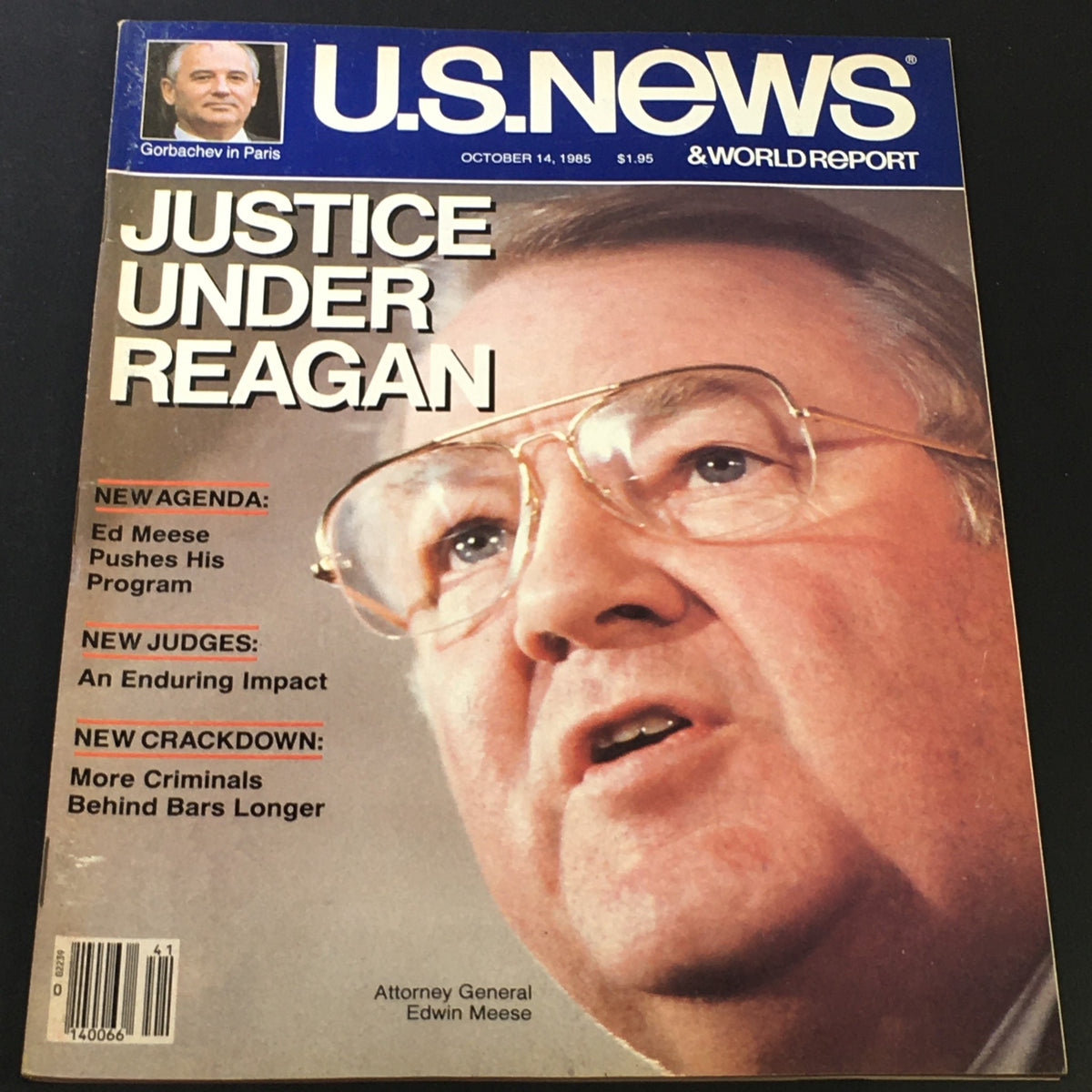 Vintage US News & World Report magazine cover from October 14, 1985, featuring Attorney General Edwin Meese with the headline 'Justice Under Reagan'. Highlights include discussions on Ed Meese's agenda, new judges, and crime policy.