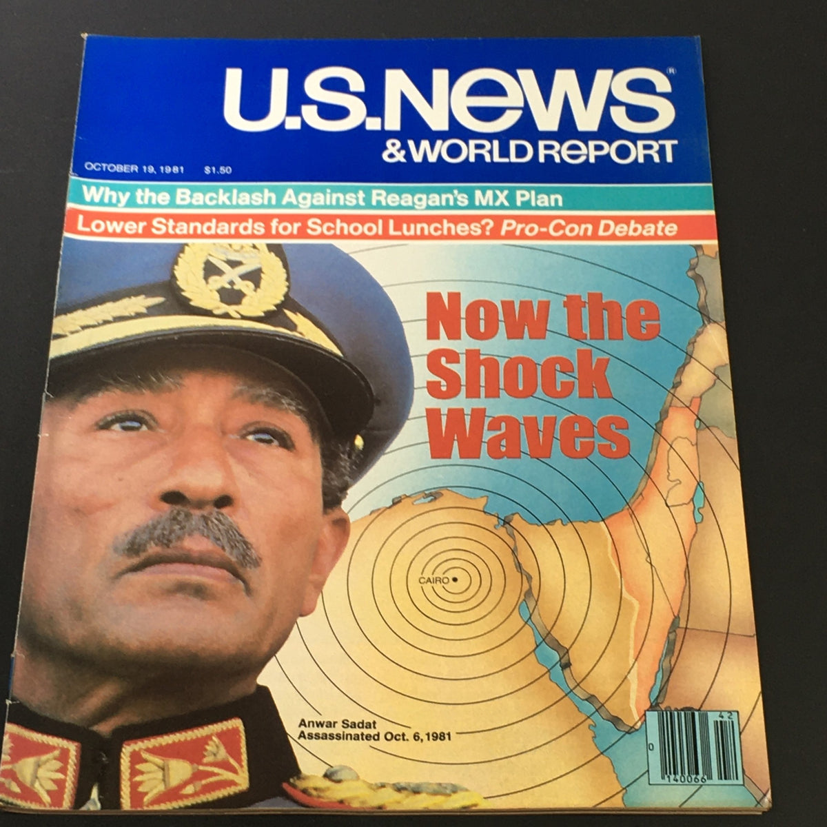 Cover of US News & World Report dated October 19, 1981, featuring Anwar Sadat's assassination, with a focus on the geopolitical impact and related articles.